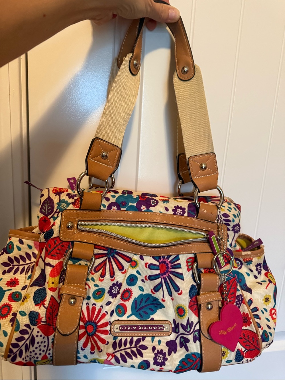 Lily Bloom Floral Canvas Shoulder Bag with Tan Trim